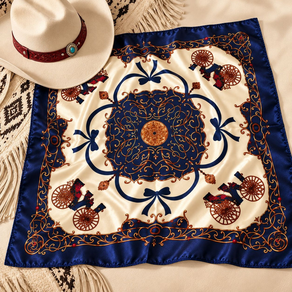 A square silk scarf with a western-themed design, featuring a cream background, a navy blue border, and brown decorative scrollwork and charro carriages. A white cowboy hat with a red band is styled on top of the scarf alongside a fringed blanket.