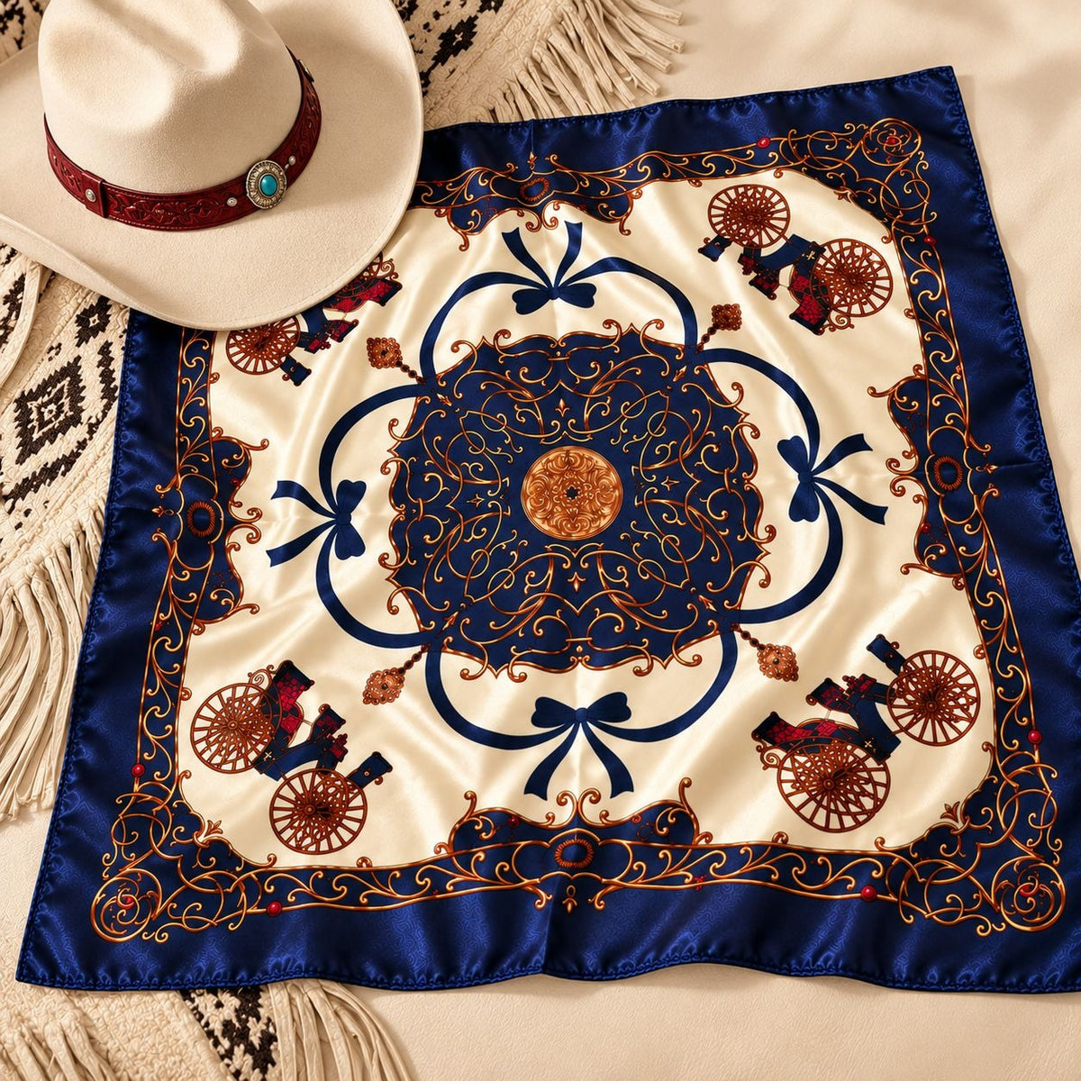A square silk scarf with a western-themed design, featuring a cream background, a navy blue border, and brown decorative scrollwork and charro carriages. A white cowboy hat with a red band is styled on top of the scarf alongside a fringed blanket.