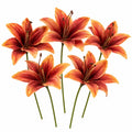 Five artificial orange-red lily flowers with green stems on a plain white background.