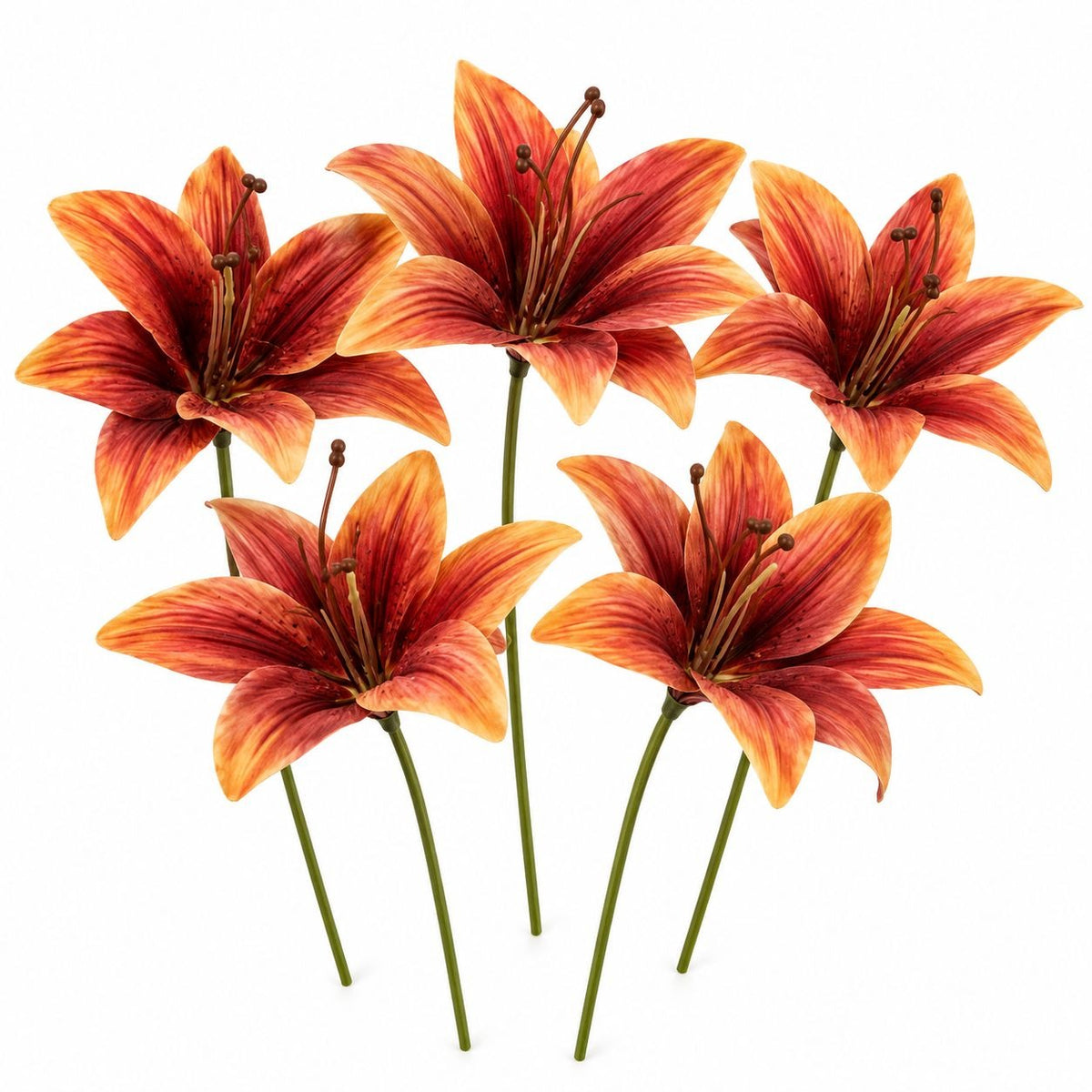 Five artificial orange-red lily flowers with green stems on a plain white background.