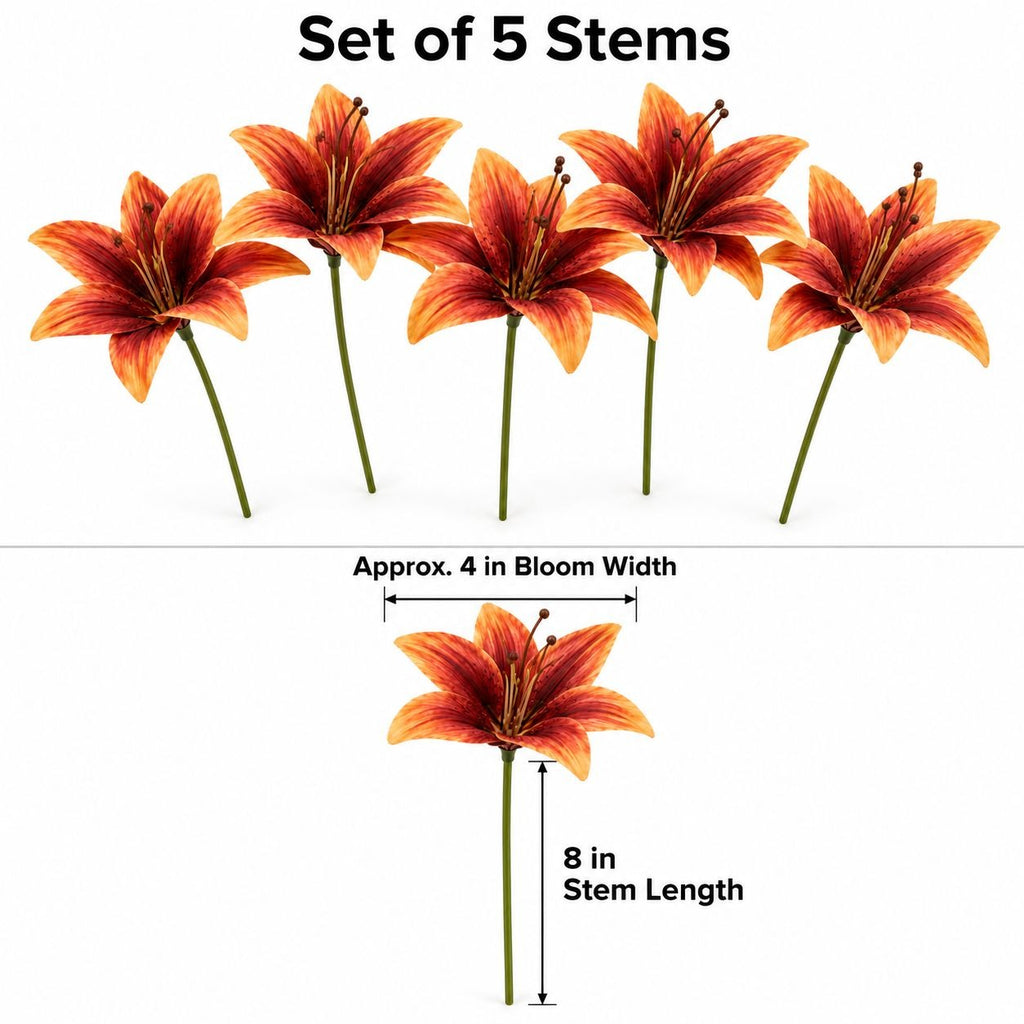 Set of 5 orange and red lily of the valley artificial flower stems with green stems, shown on a white background with dimension annotations indicating a 4-inch bloom width and 8-inch stem length.