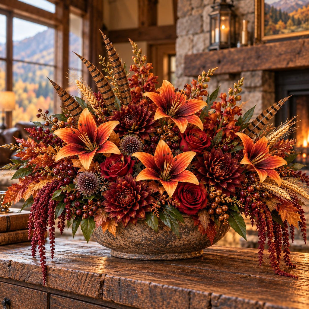 An autumn floral arrangement in a rustic stone bowl, featuring orange and yellow lilies, red roses, dahlias, and dried wheat stems, displayed on a wooden mantel in a cozy living room setting.