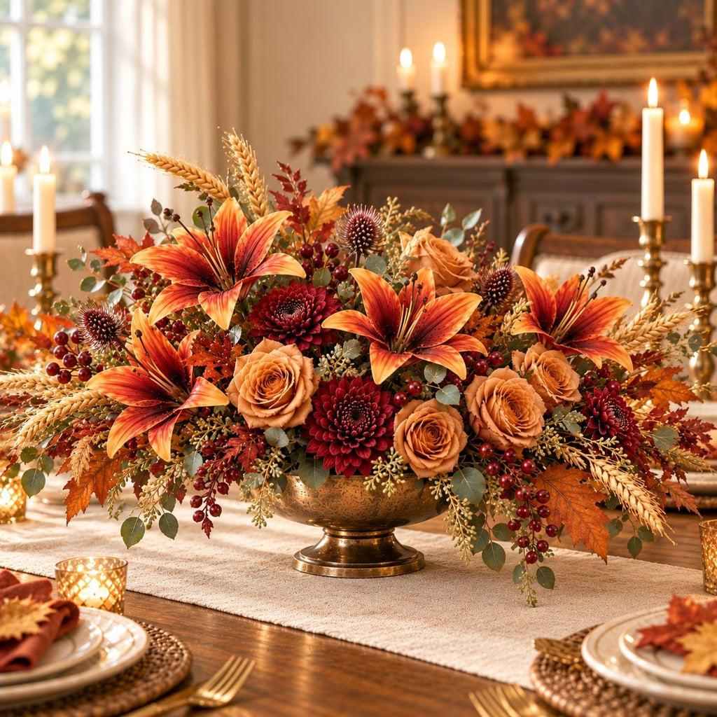 An autumn-themed floral centerpiece in a bronze-colored pedestal bowl, featuring orange lilies, peach roses, burgundy dahlias, and fall leaves, displayed on a dining table with candles and place settings.