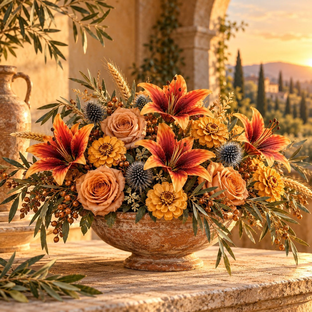 An autumnal floral arrangement in a rustic stone bowl, featuring orange lilies, peach roses, yellow daisies, and blue thistle-like accents, displayed on a stone ledge with a warm outdoor garden background at sunset.