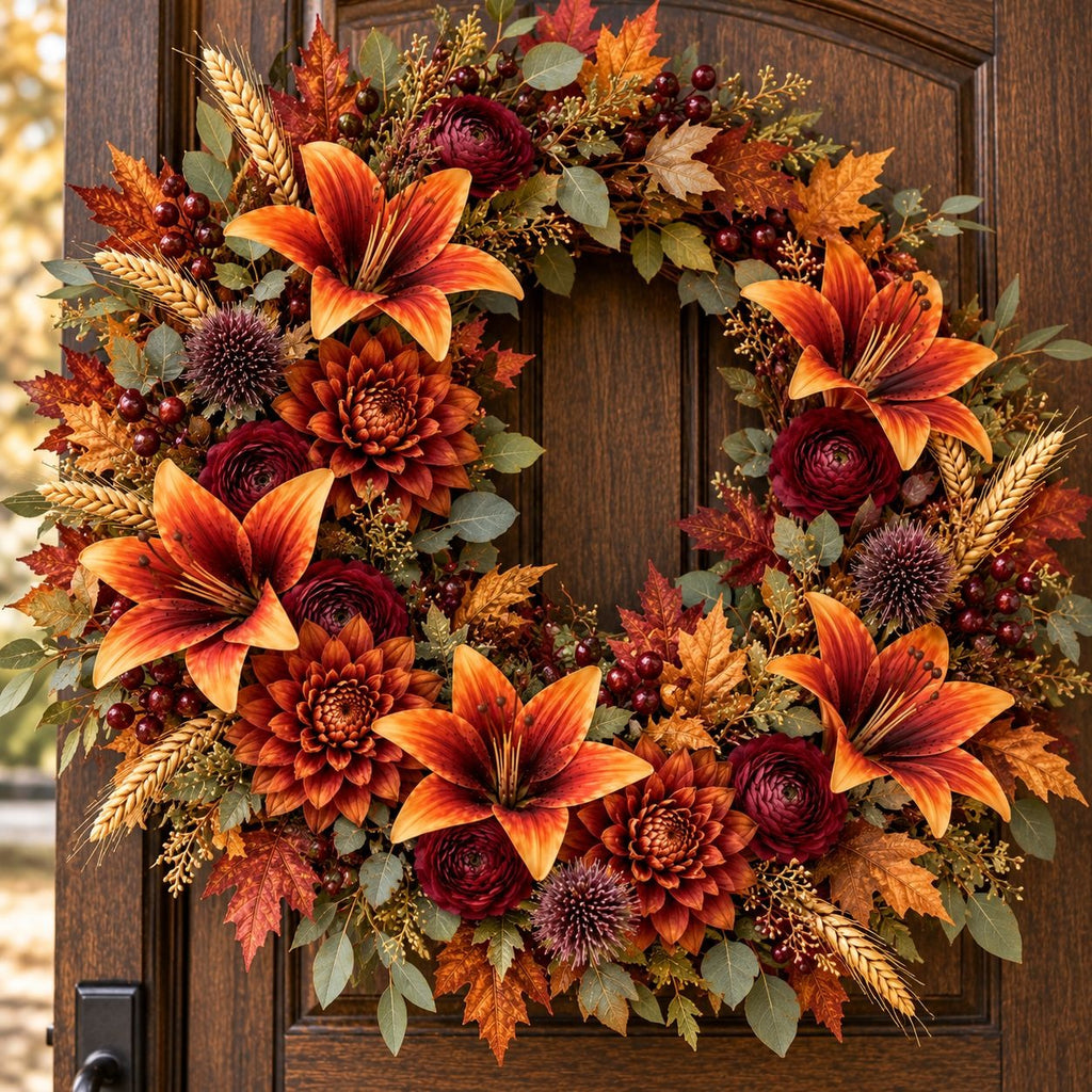 An autumn-themed floral wreath hanging on a dark brown wooden door. The wreath features large orange and red lilies, burgundy dahlias, purple pom-pom flowers, maple leaves, wheat stalks, and green foliage.