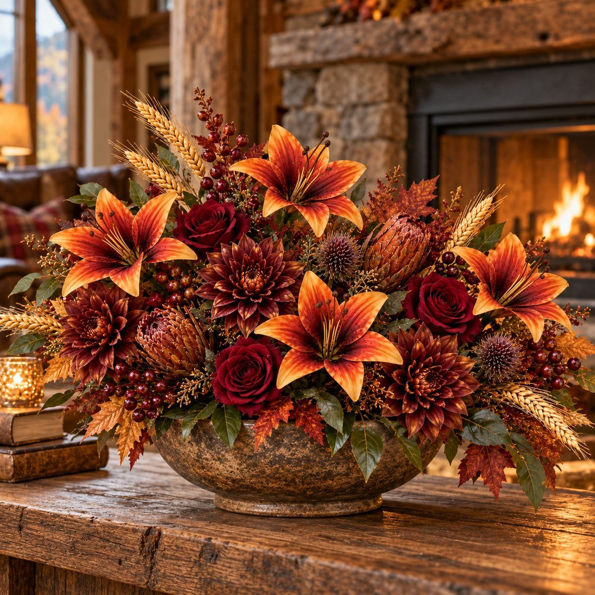 A large autumn floral arrangement in a rustic stone bowl, featuring orange and yellow lilies, dark red roses, dahlias, wheat stems, and berries, displayed on a wooden table in front of a warm fireplace.