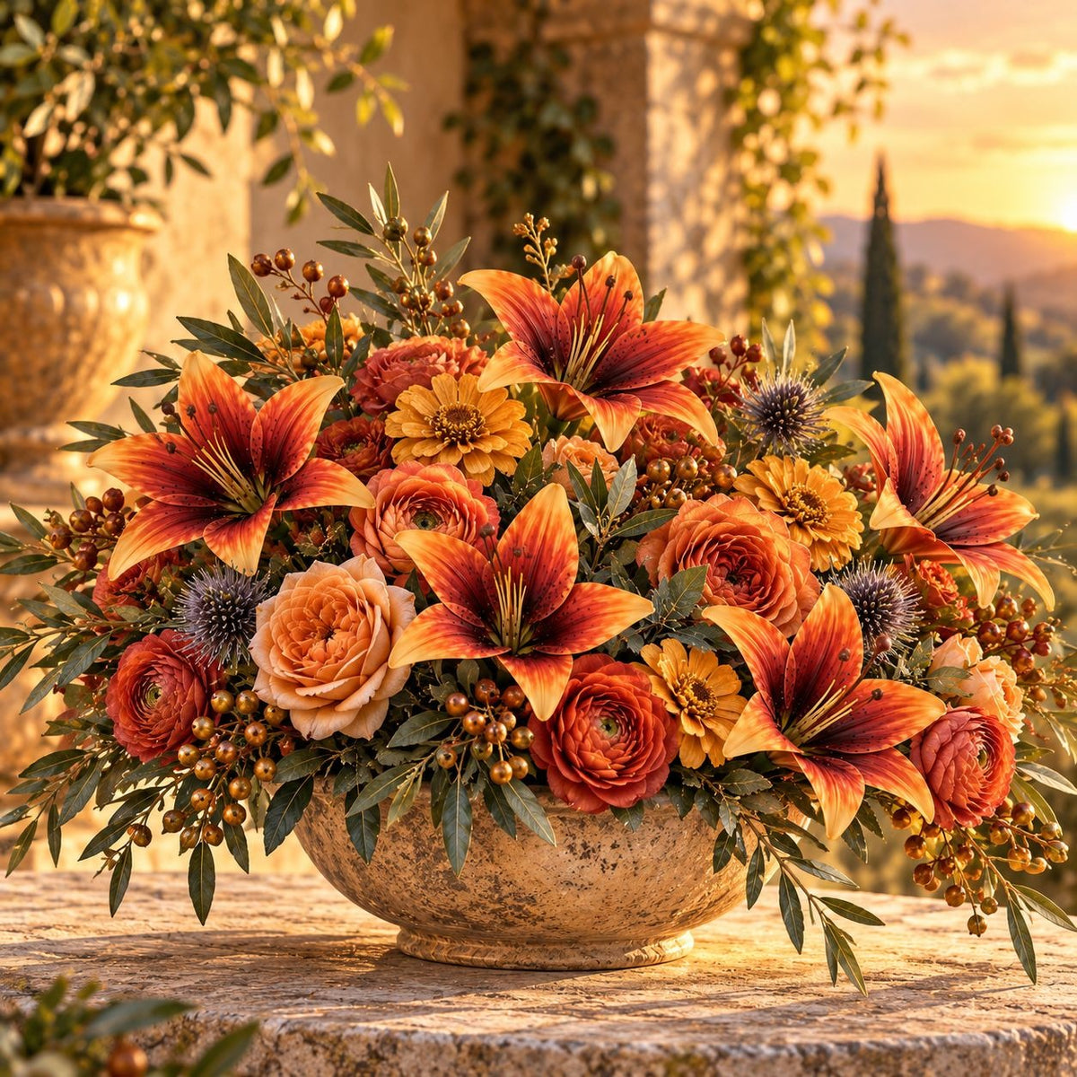 A large, vibrant autumnal flower arrangement in a round stone bowl, featuring orange and red lilies, peach roses, yellow daisies, and green foliage, set on a stone ledge in an outdoor garden at sunset.