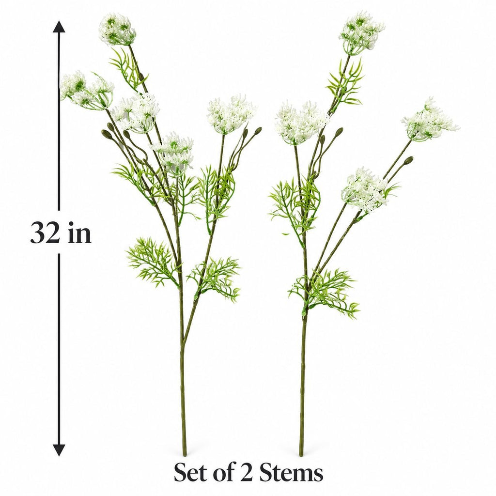Two artificial flower stems with small white blossoms and green foliage, shown on a white background with a 32 in height marker and text reading 'Set of 2 Stems'.