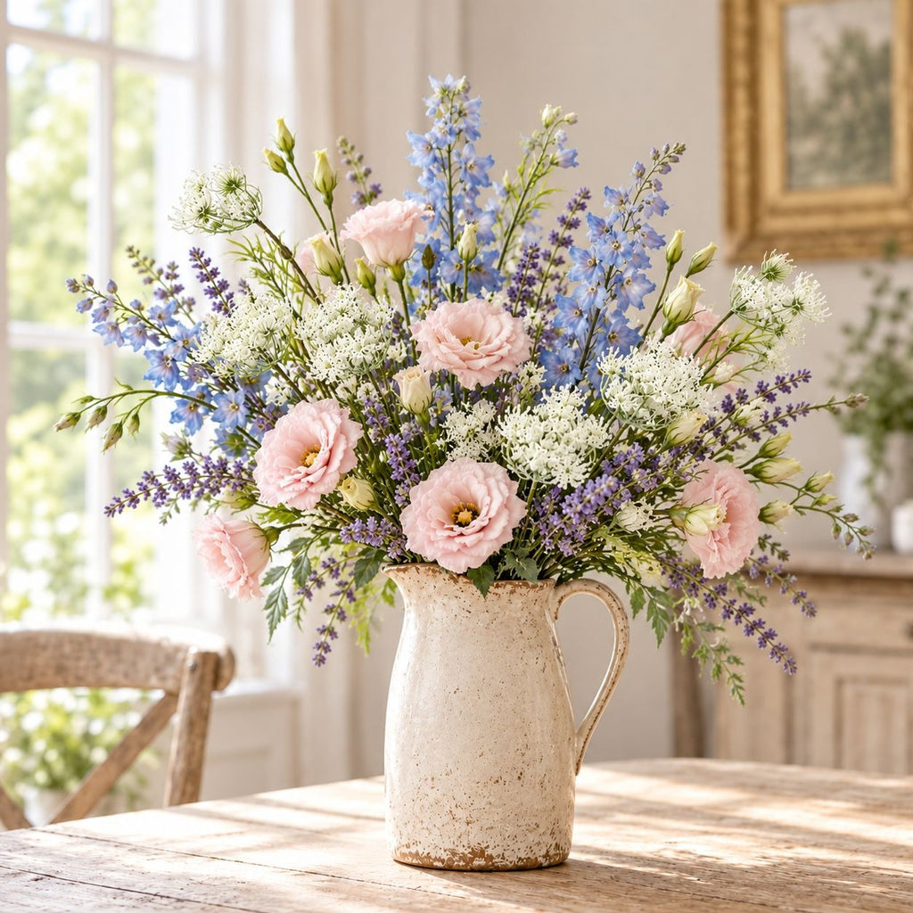 A rustic ceramic pitcher vase filled with a lush bouquet of pink roses, blue delphiniums, white baby's breath, and lavender, displayed on a wooden table in a bright, softly blurred room.