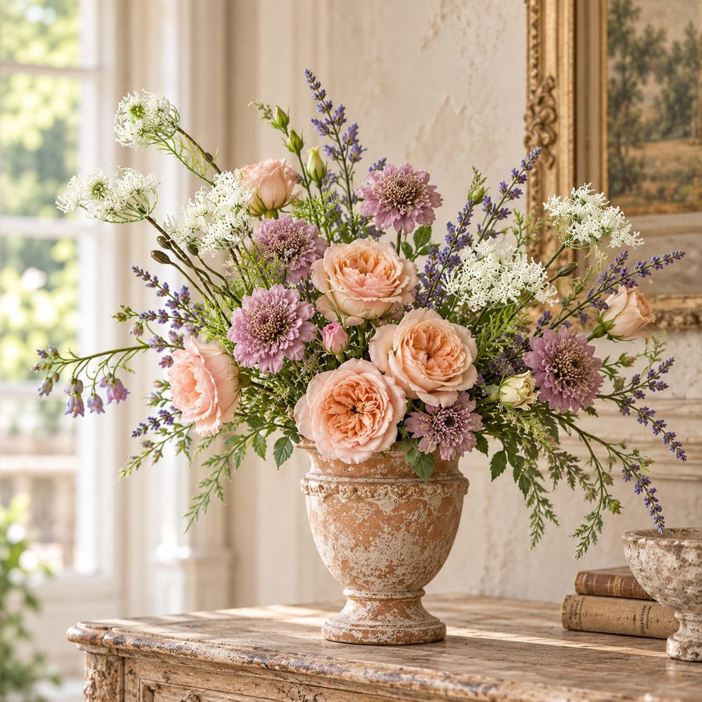 A floral arrangement of peach roses, lavender chrysanthemums, white baby's breath, and purple stock in a distressed beige stone urn, displayed on a rustic wooden console table in a sunlit room.