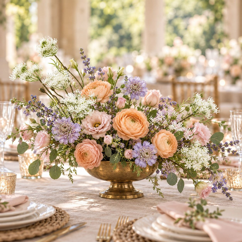 A floral centerpiece arrangement in a gold pedestal bowl, featuring peach roses, pink lilies, lavender flowers, and white filler blooms on a decorated event table.