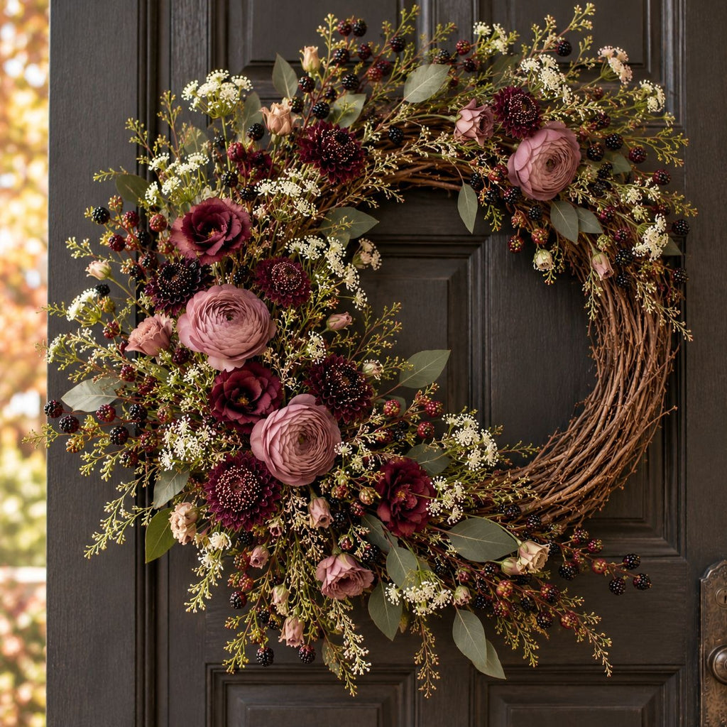 A rustic grapevine wreath decorated with dusty pink, burgundy, and cream dried flowers and green leaves, hanging on a dark brown paneled front door.
