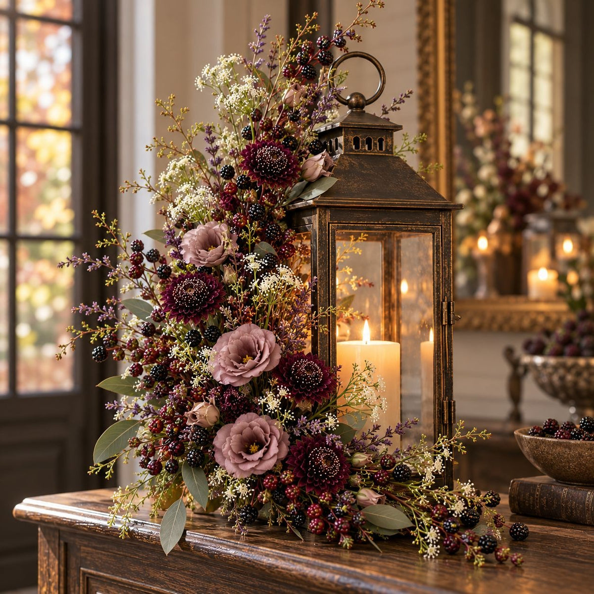 A rustic bronze lantern candle holder filled with a warm lit pillar candle, surrounded by an abundant autumnal floral arrangement with mauve roses, burgundy berries, and cream foliage, displayed on a wooden table in a warmly lit room.