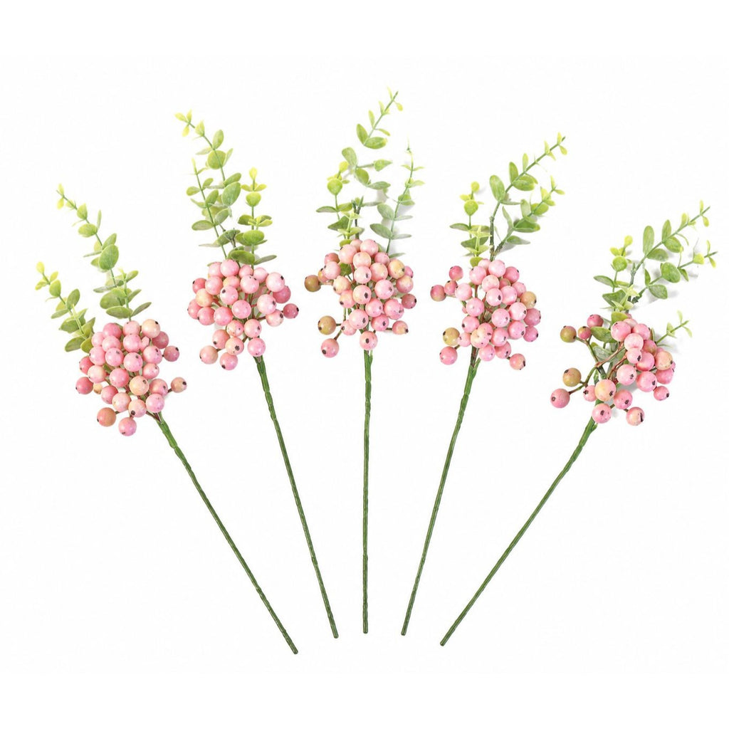 Artificial Blush Pink Berry Picks with Eucalyptus, Set of 5, 14 Inch Wired Stems for Wreaths and Centerpieces