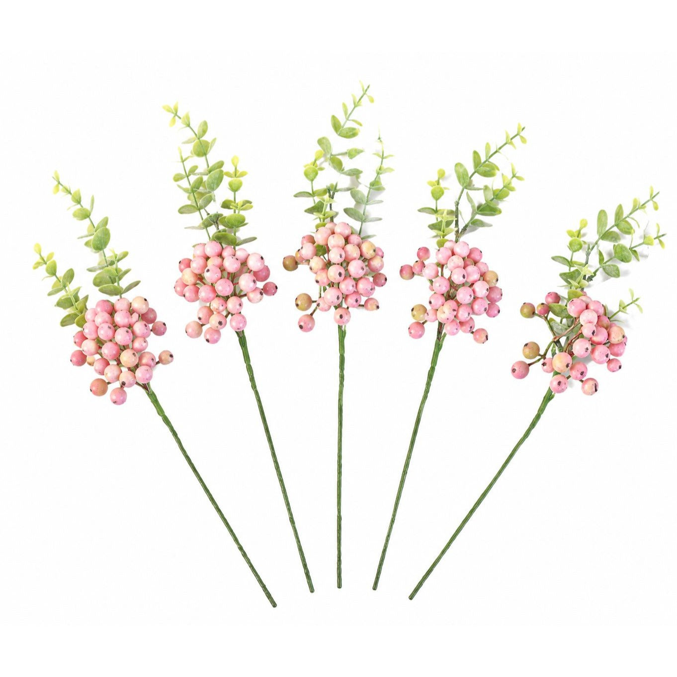 Artificial Blush Pink Berry Picks with Eucalyptus, Set of 5, 14 Inch Wired Stems for Wreaths and Centerpieces