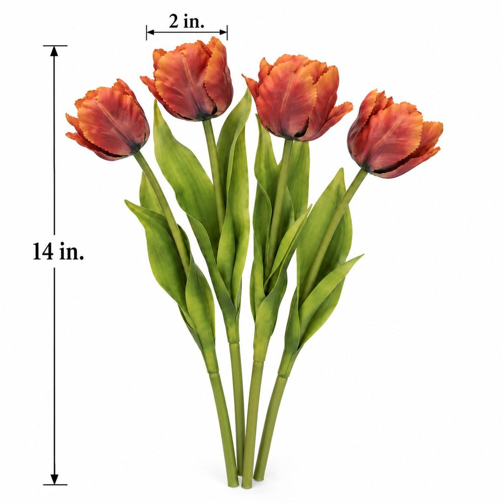 4 Terracotta Parrot Tulips, 14-Inch Faux Artificial Flowers, Rust Orange