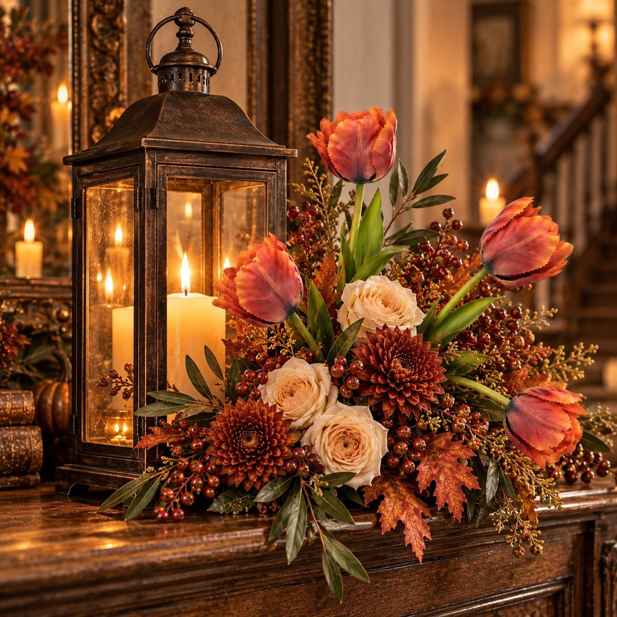 4 Terracotta Parrot Tulips, 14-Inch Faux Artificial Flowers, Rust Orange