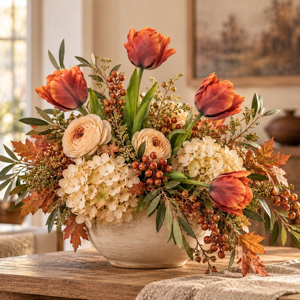 4 Terracotta Parrot Tulips, 14-Inch Faux Artificial Flowers, Rust Orange