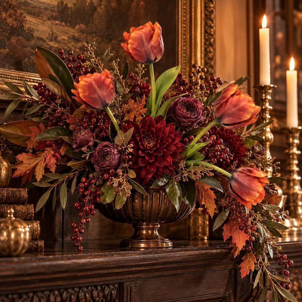 4 Terracotta Parrot Tulips, 14-Inch Faux Artificial Flowers, Rust Orange