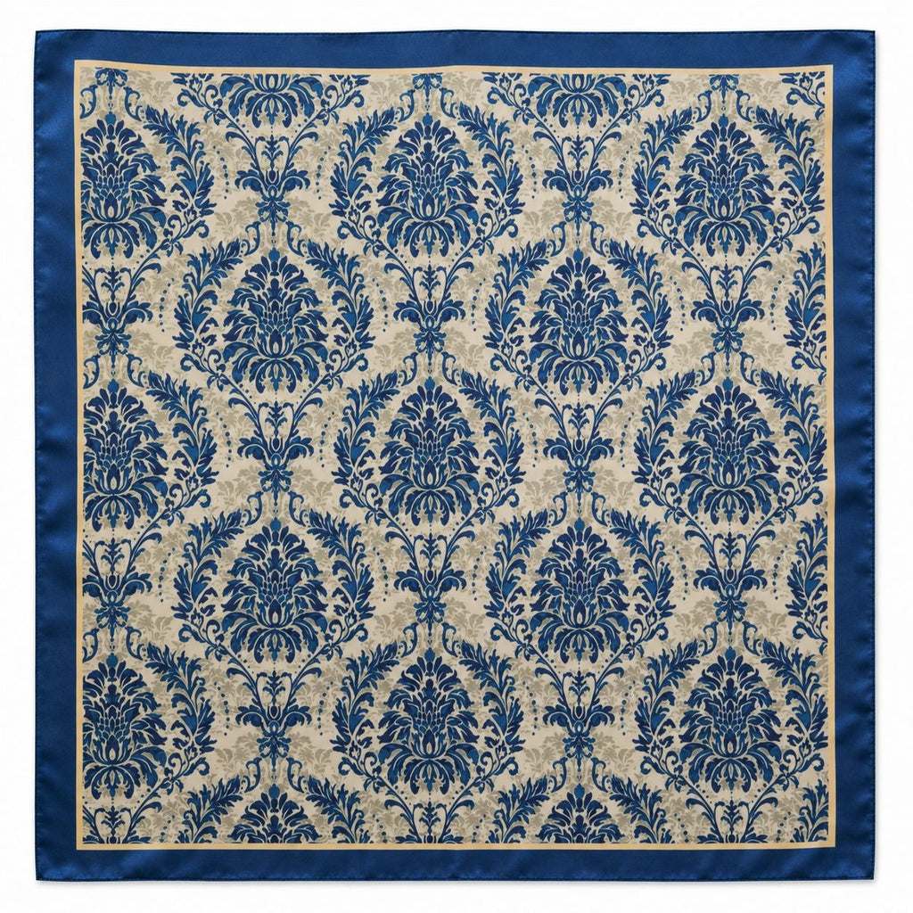 Navy Cream Damask Wild Rag Scarf 35x35 Satin Polyester Western Hair Neck Scarf