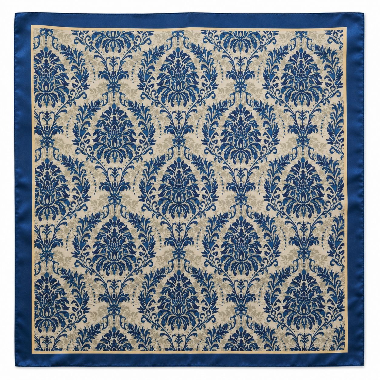 Navy Cream Damask Wild Rag Scarf 35x35 Satin Polyester Western Hair Neck Scarf
