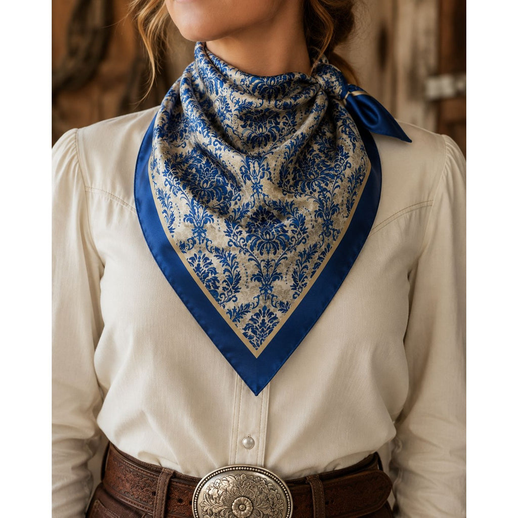 Navy Cream Damask Wild Rag Scarf 35x35 Satin Polyester Western Hair Neck Scarf