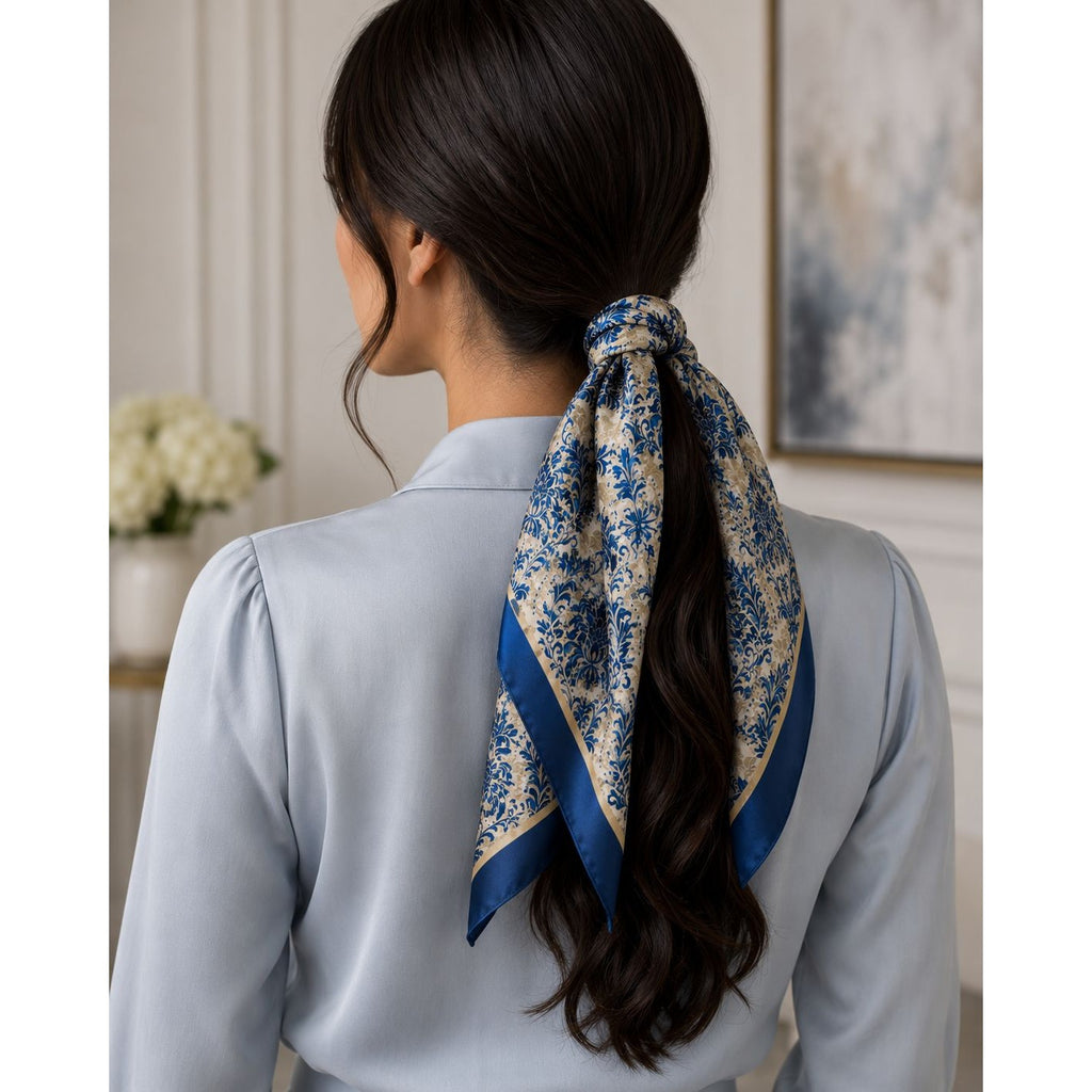 Navy Cream Damask Wild Rag Scarf 35x35 Satin Polyester Western Hair Neck Scarf
