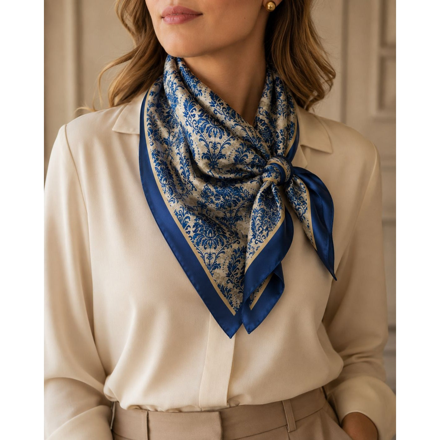 Navy Cream Damask Wild Rag Scarf 35x35 Satin Polyester Western Hair Neck Scarf