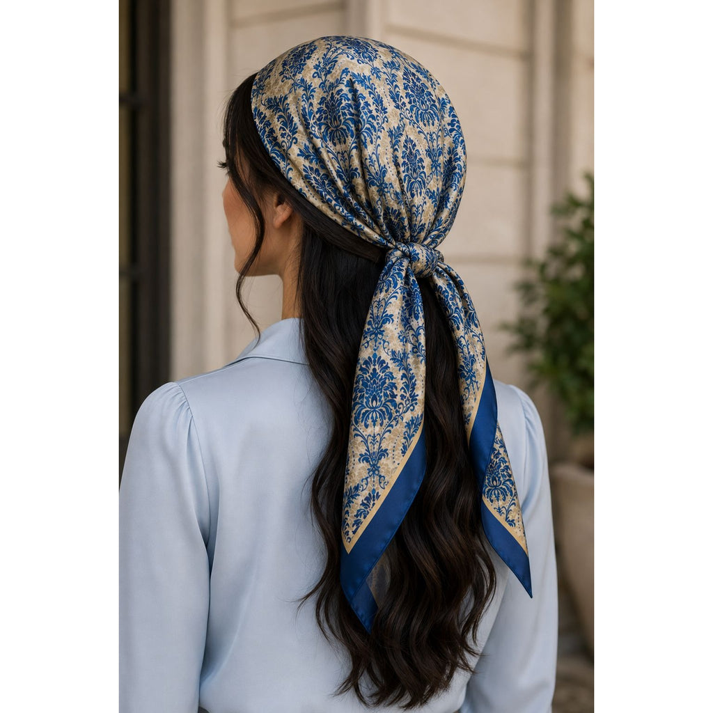 Navy Cream Damask Wild Rag Scarf 35x35 Satin Polyester Western Hair Neck Scarf