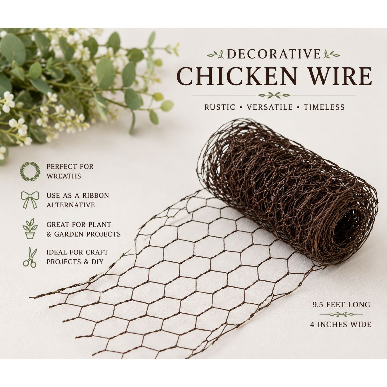 Decorative Brown Chicken Wire Roll 4 Inch x 9.5 Foot Wreath Making Floral Crafts DIY Rustic Farmhouse Garden Wedding Supplies