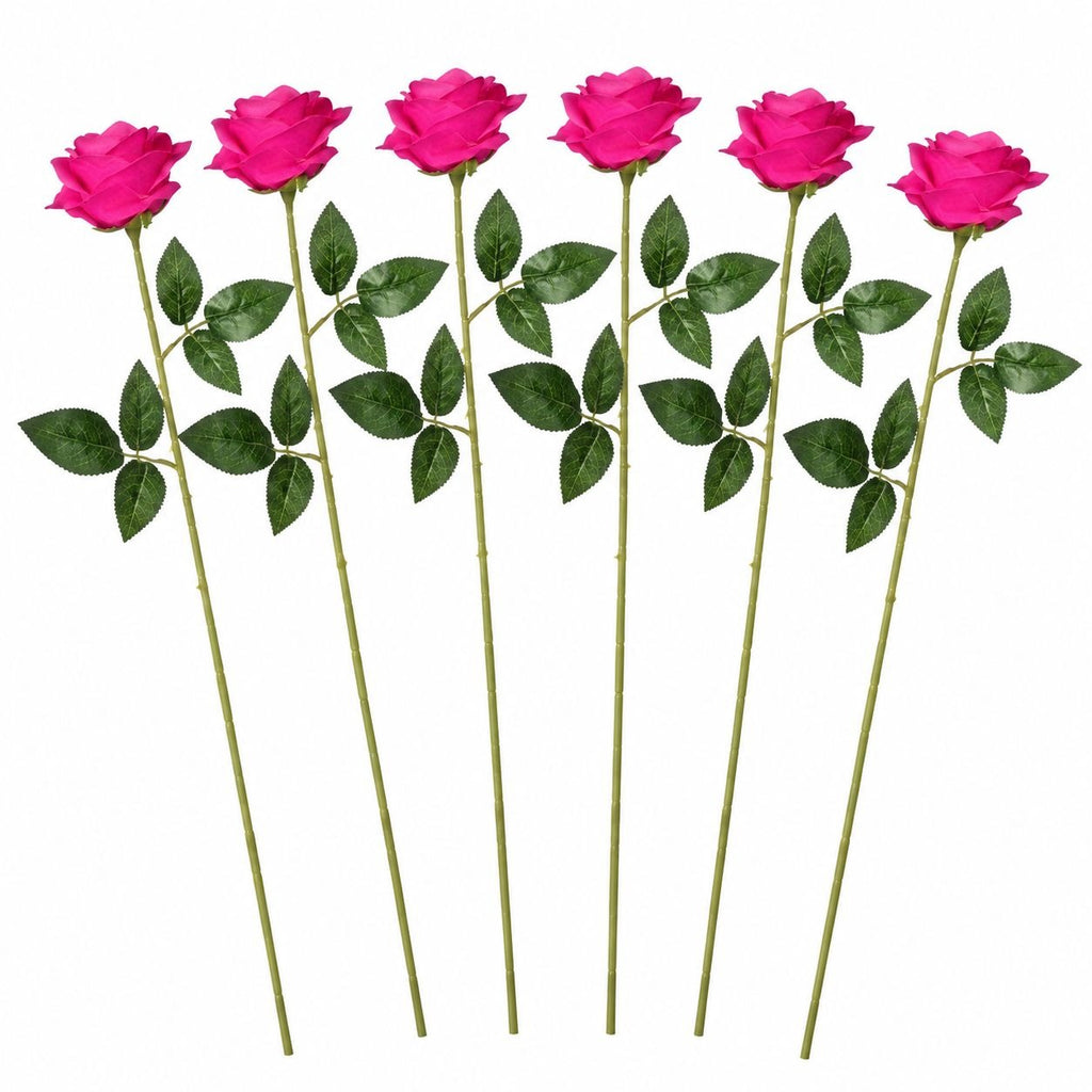 Artificial Hot Pink Rose Stems, Set of 6, 19-Inch Faux Wedding Flowers