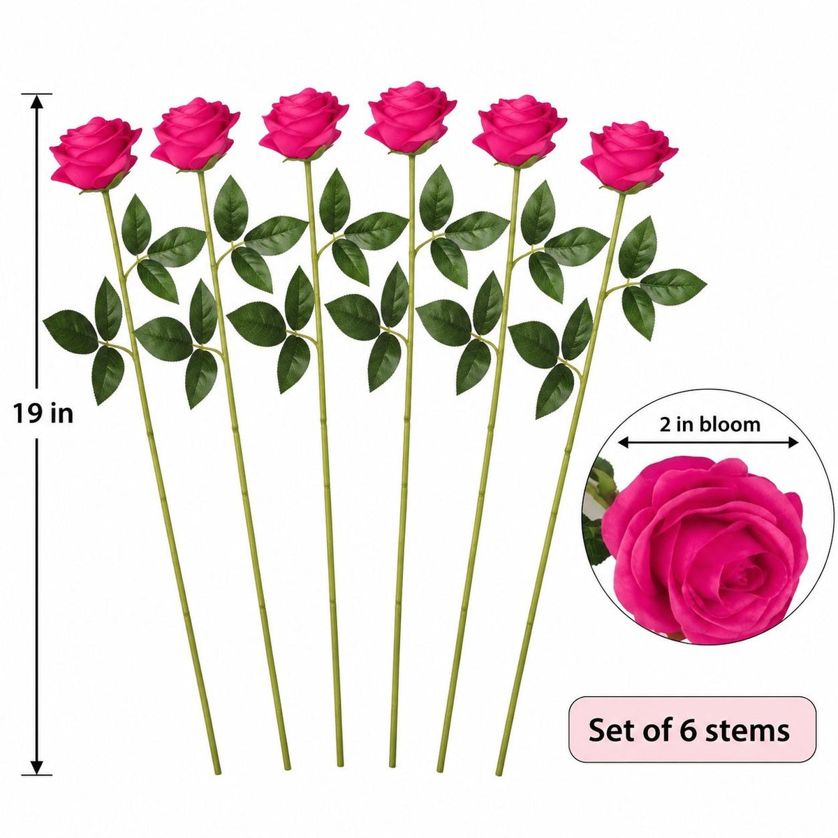 Artificial Hot Pink Rose Stems, Set of 6, 19-Inch Faux Wedding Flowers