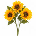 Three artificial sunflower stems with bright yellow petals, dark brown centers, and green leaves on a plain white background.
