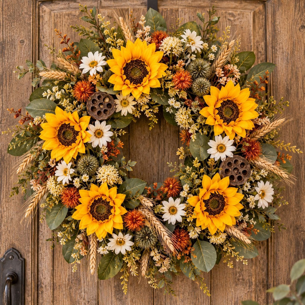 A rustic autumn wreath with large yellow sunflowers, white daisies, orange and red filler flowers, green leaves, wheat stalks, and brown seed pods, displayed on a wooden door.