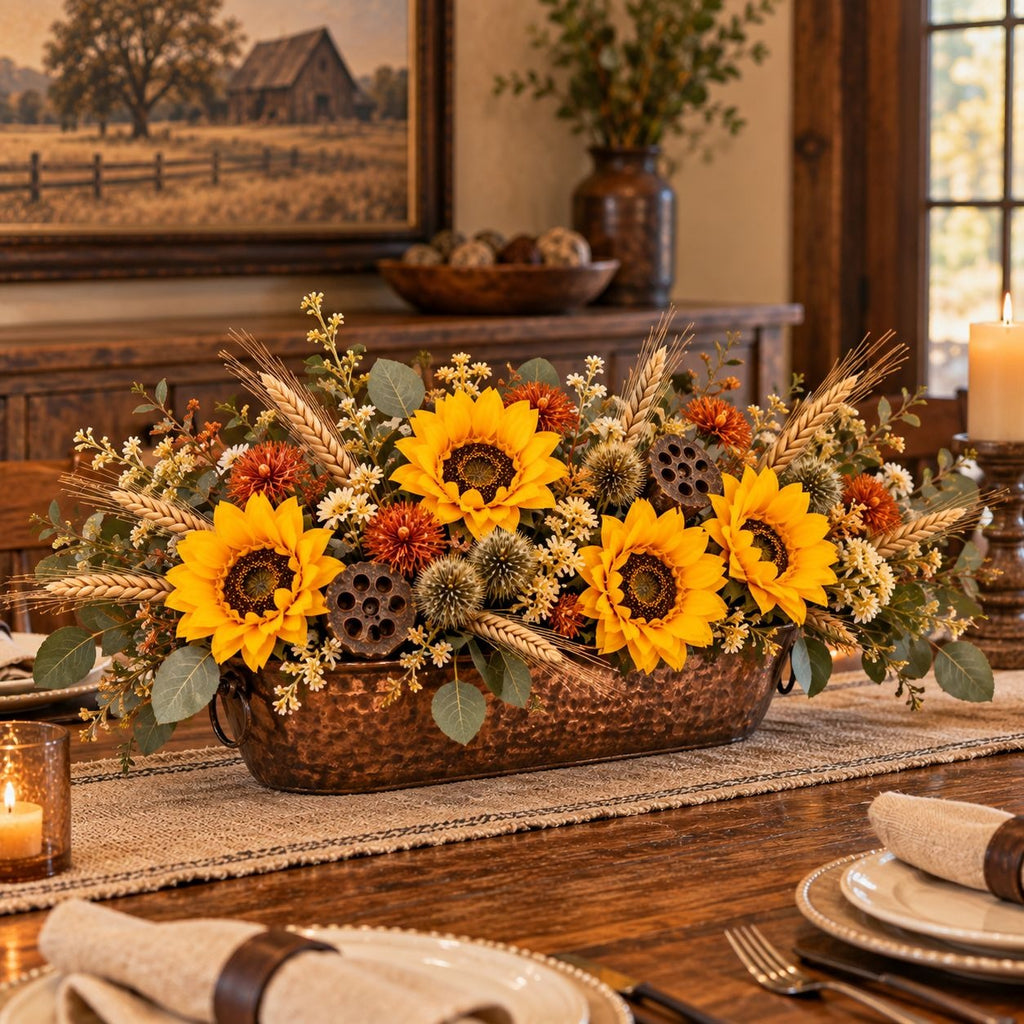 A rustic autumn floral centerpiece in a hammered copper basket, featuring large yellow sunflowers, wheat stalks, thistle spires, and orange mums, displayed on a dining table in a warm, decorated room.