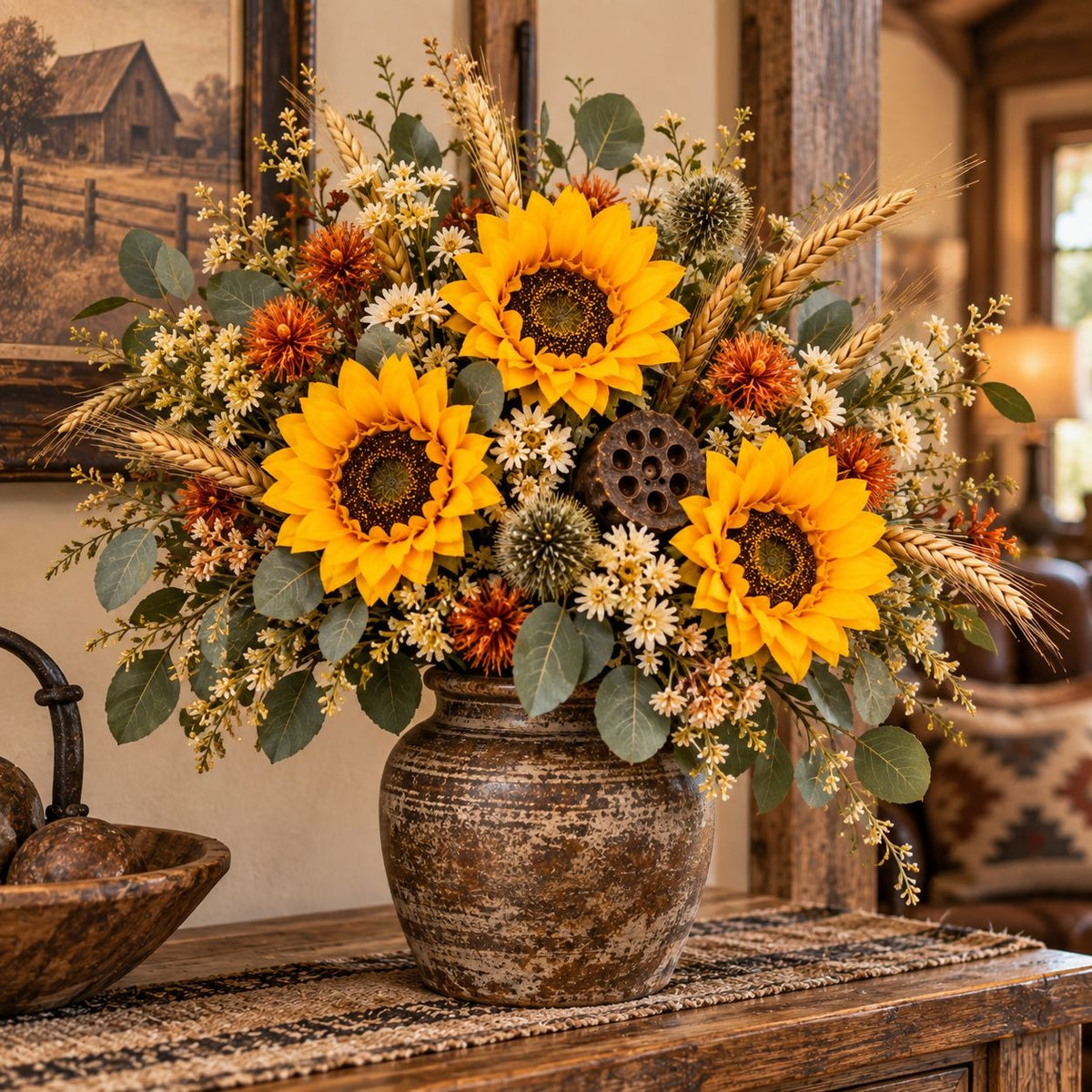A rustic floral arrangement featuring three large yellow sunflowers, dried wheat stalks, green eucalyptus leaves, and small white and orange wildflowers in a distressed brown ceramic pot, displayed on a wooden table in a warm, cozy interior setting.