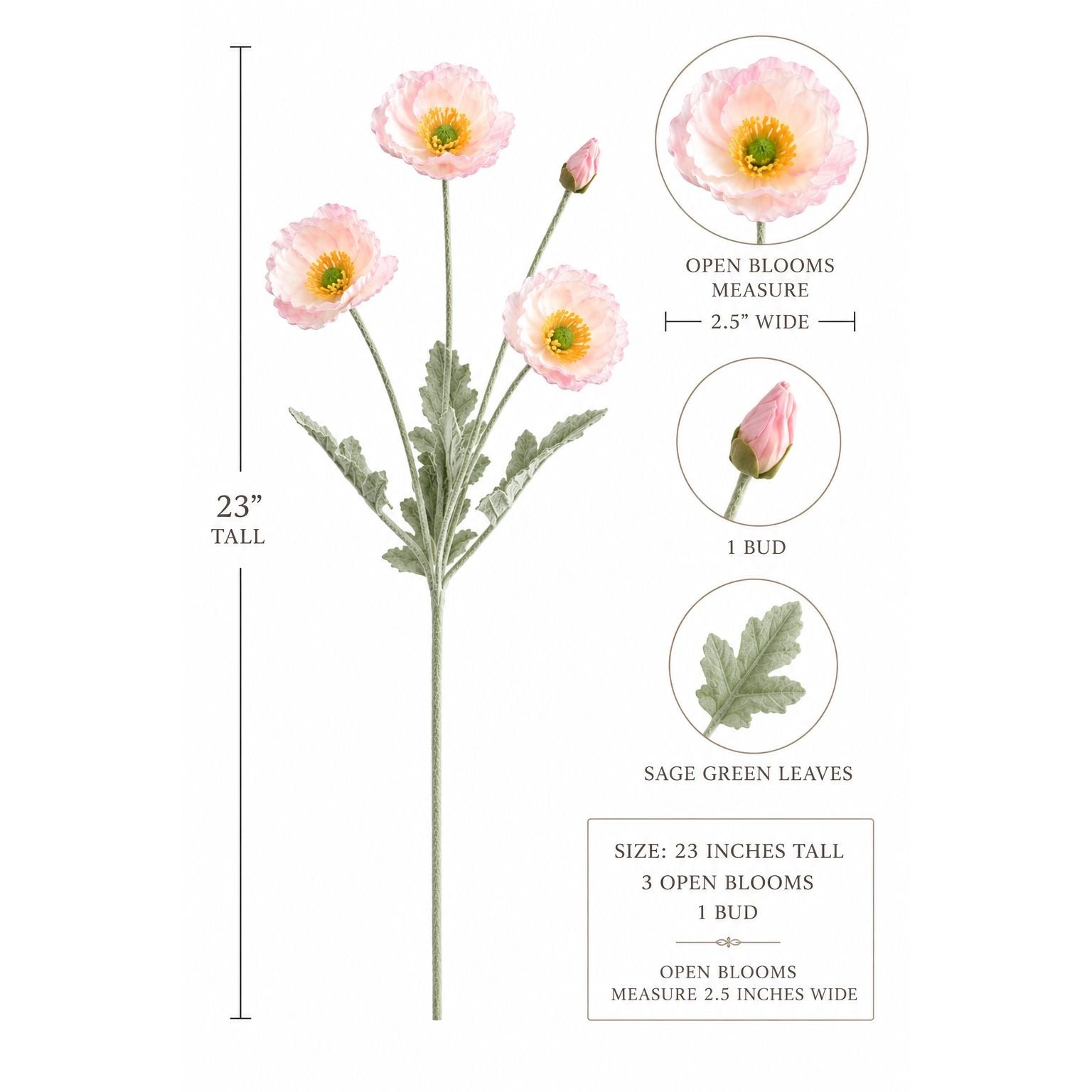 Artificial flower stem with pink flowers and green leaves, including measurements and details.