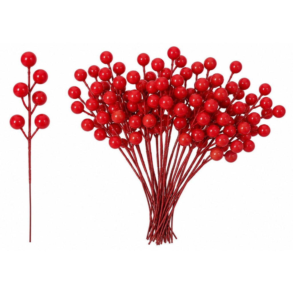 20 Artificial Red Berry Stems, 8-Inch Faux Christmas Wreath Garland Picks
