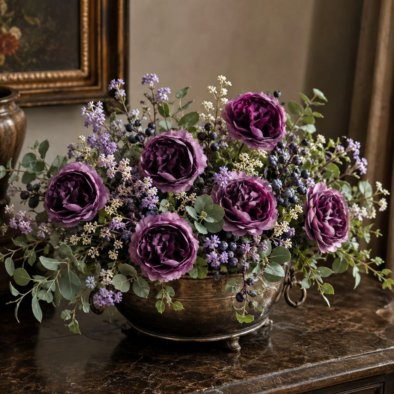 Plum Purple Artificial Flowers Set of 6, 3 in Ranunculus Peony Style Blooms