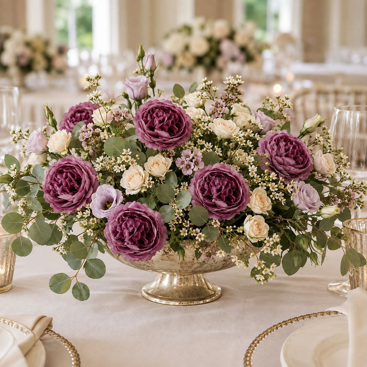 Plum Purple Artificial Flowers Set of 6, 3 in Ranunculus Peony Style Blooms