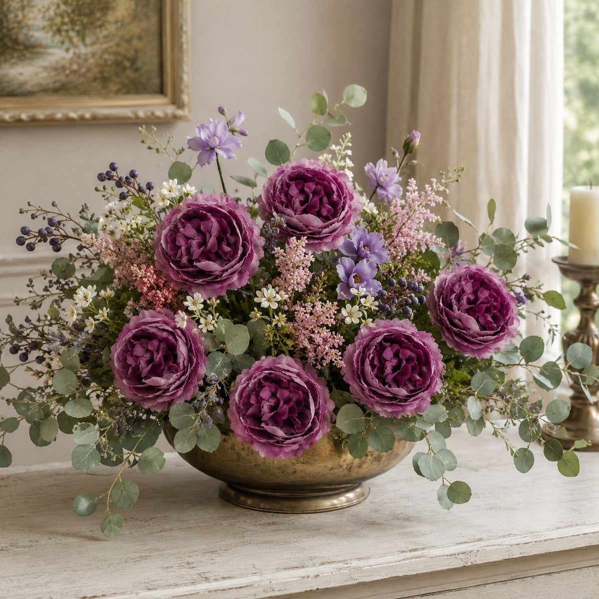 Plum Purple Artificial Flowers Set of 6, 3 in Ranunculus Peony Style Blooms