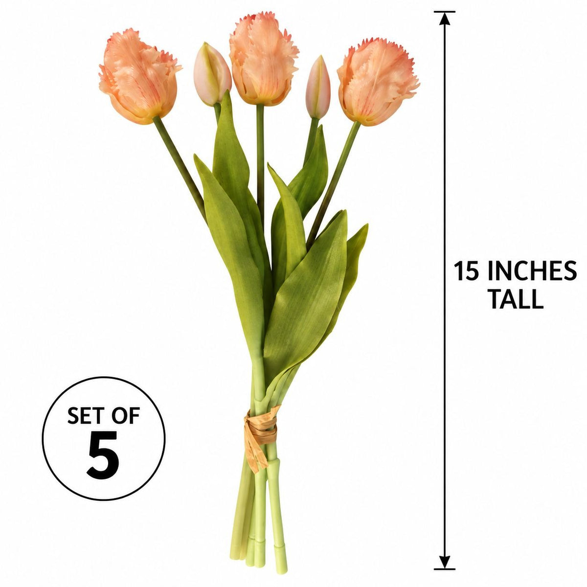 Peach Coral Artificial Tulips Set of 5, 15-Inch Real Touch Stems