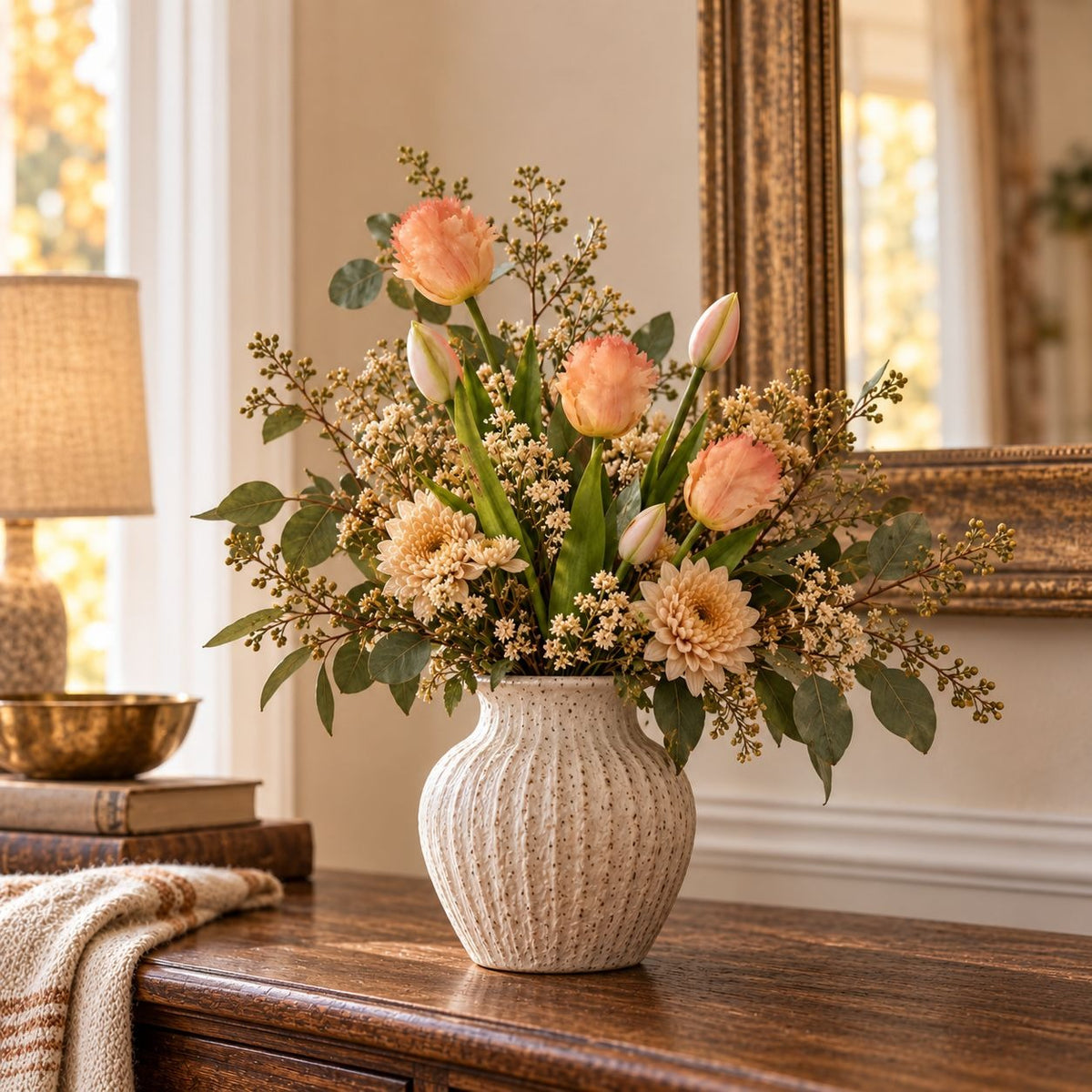 Peach Coral Artificial Tulips Set of 5, 15-Inch Real Touch Stems