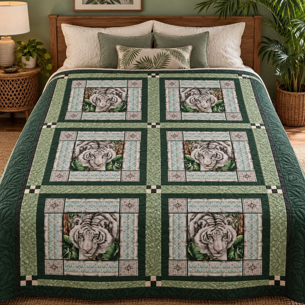 Vintage White Tiger Cotton Panel Alabaster Jungle 2 Squares 44 x 18 Inches
