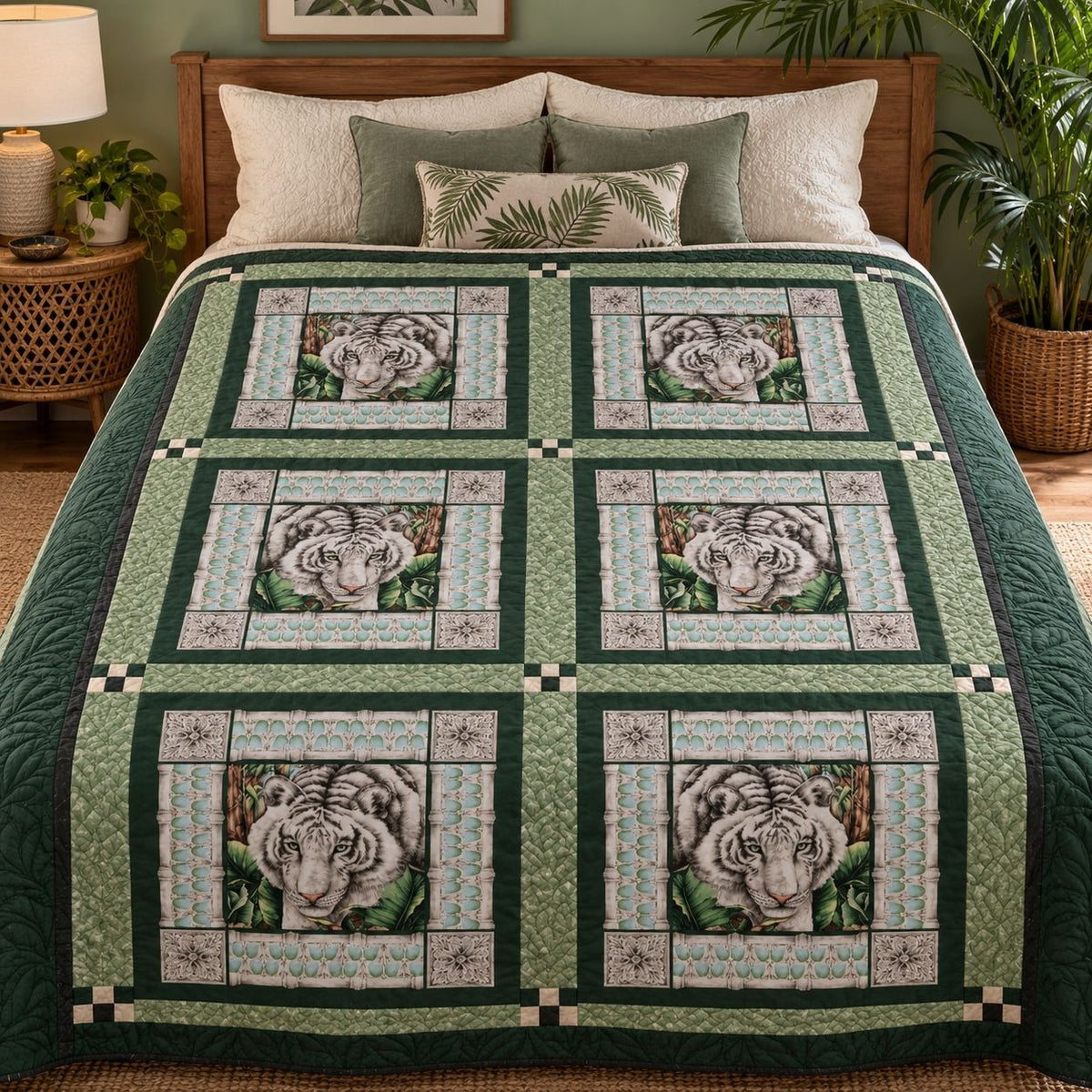 Vintage White Tiger Cotton Panel Alabaster Jungle 2 Squares 44 x 18 Inches