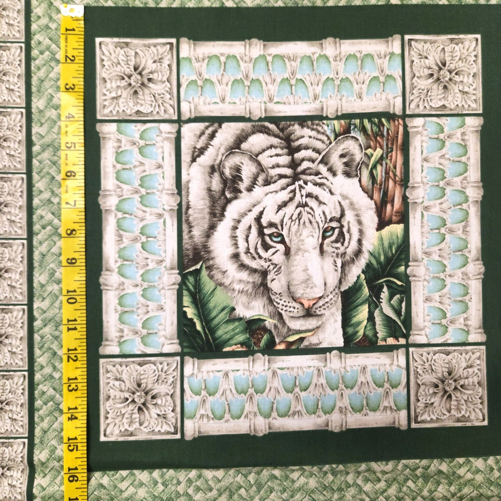 Vintage White Tiger Cotton Panel Alabaster Jungle 2 Squares 44 x 18 Inches