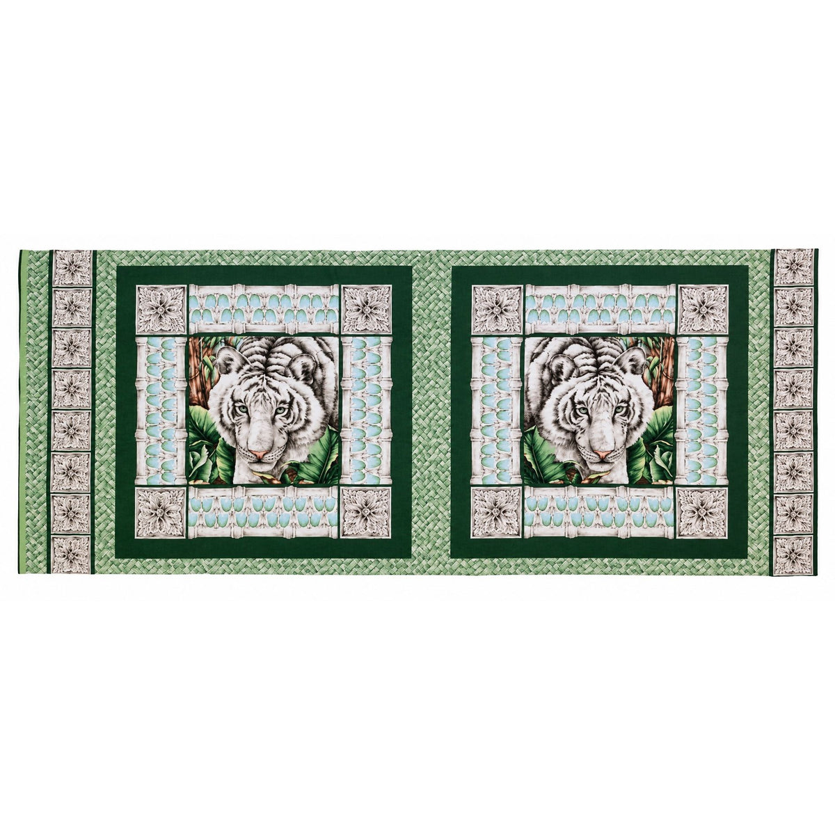 Vintage White Tiger Cotton Panel Alabaster Jungle 2 Squares 44 x 18 Inches