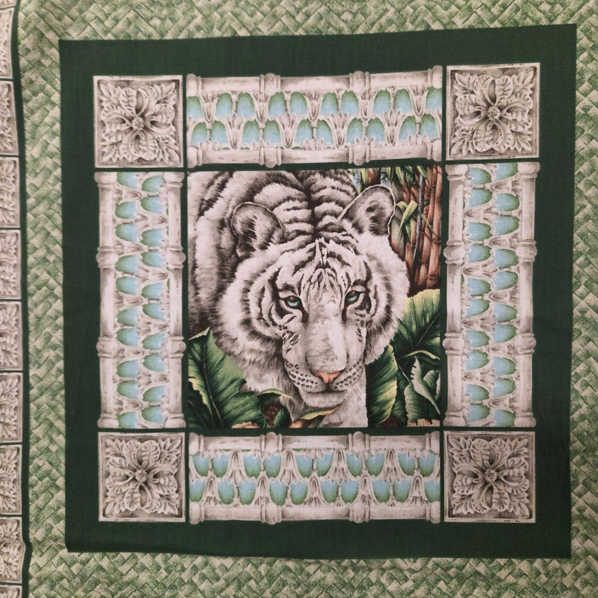 Vintage White Tiger Cotton Panel Alabaster Jungle 2 Squares 44 x 18 Inches