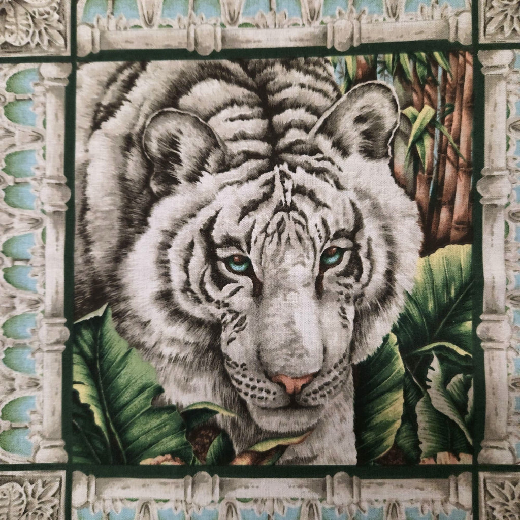 Vintage White Tiger Cotton Panel Alabaster Jungle 2 Squares 44 x 18 Inches