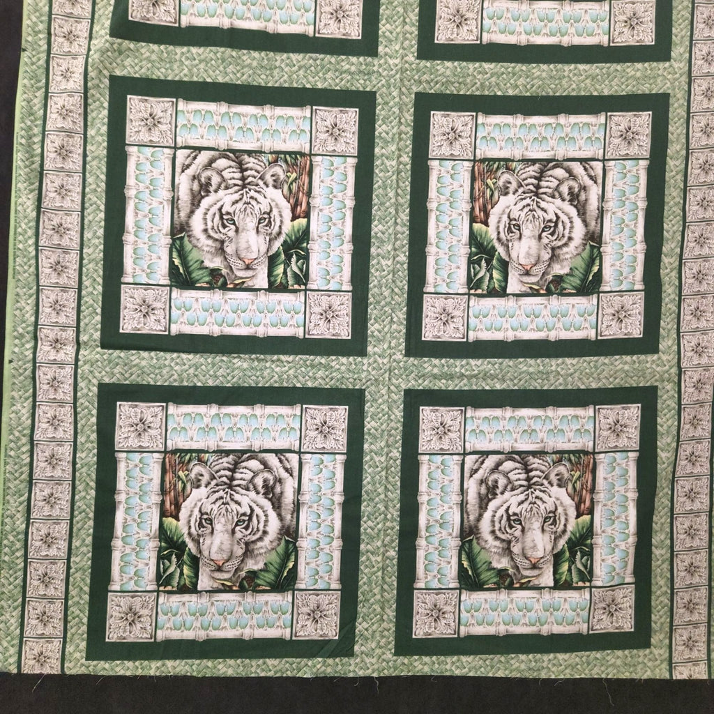 Vintage White Tiger Cotton Panel Alabaster Jungle 2 Squares 44 x 18 Inches